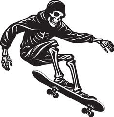 Fototapeta premium Spine Chiller: Skeleton on Skateboard Black Logo Icon Rad Remains: Skeleton Skateboarder Black Logo Design