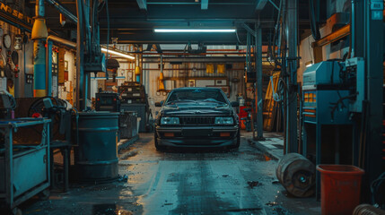 A classic car sits in a cluttered mechanical workshop, reflecting a raw and authentic garage environment.