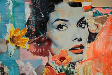 Collage in retro style with a woman. Style 60s, 80s. Flowers, paint. Singer