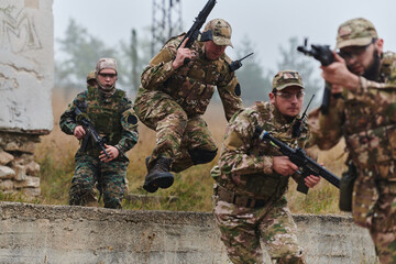 A highly trained elite military unit, clad in camouflage, skillfully navigates through perilous...