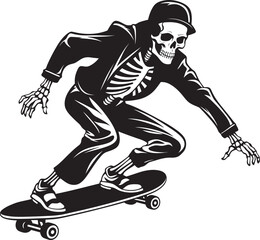 Fototapeta premium Skater Bones: Skeleton Skateboarder Black Logo Design Bone Cruisin': Skeleton Riding Skateboard Vector Icon