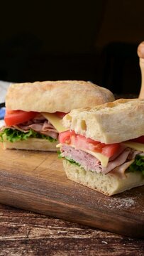 submarine sandwich with turkey and black forest ham