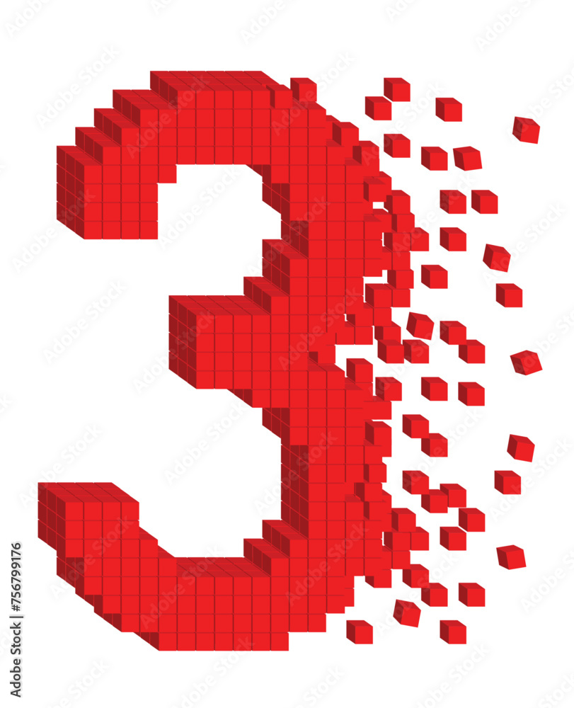 Poster vector shaped three-dimensional red color cubes in a form of a number three