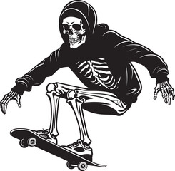 Ollie Ossuary: Skeleton on Skateboard Black Logo Icon Skully Skater: Skateboard Skeleton Vector Design © BABBAN