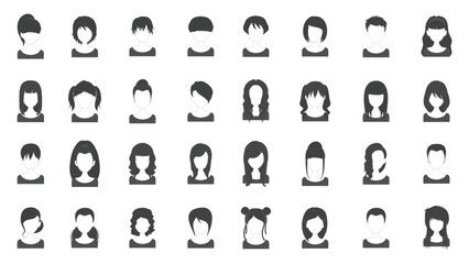 Avatar of woman icons. Black and white face avatar collection. Women's hairstyles icons set - obrazy, fototapety, plakaty
