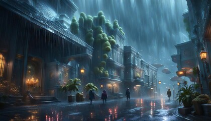 An illustration of a  city street at night in the rain.