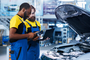 Coworkers in car service using tablet to calculate repairments invoice for client after fixing...