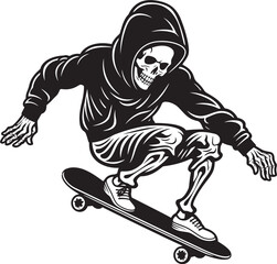 Grind Reaper: Skeleton on Skateboard Black Logo Skeletal Skater: Skateboarding Skeleton Vector Black Icon