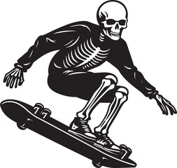 Skully Skater: Skeleton Riding Skateboard Vector Black Icon Bone Boarder: Skeleton on Skateboard Black Logo Icon Design