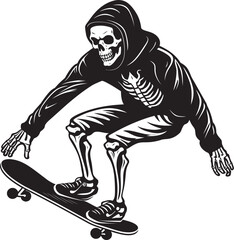Ollie Ossuary: Skeleton on Skateboard Black Logo Design Skully Skater: Skeleton Riding Skateboard Vector Black Icon