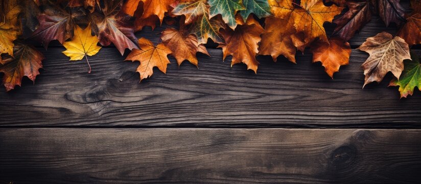 Autumn leaves scattered on a rustic wooden table set against a wooden background, creating a cozy natural landscape. The tints and shades of the leaves contrast beautifully with the warm wood tones