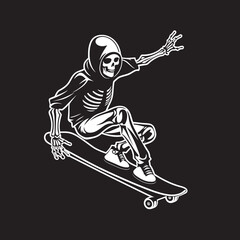 Skully Skater: Skeleton Riding Skateboard Vector Black Icon Bone Boarder: Skeleton on Skateboard Black Logo Icon Design