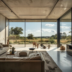 minimalist grand designs modern open plan house with straight view from inside looking out of glass wall into landscape from centre of room with no furniture Ai generative 