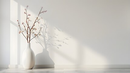 Elegant spring blossom in white vase soft light design. Stylish floral arrangement on wooden table nature inspired home decor. Minimalist interior in ceramic rustic white background. - obrazy, fototapety, plakaty