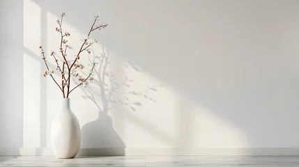 Tuinposter Elegant spring blossom in white vase soft light design. Stylish floral arrangement on wooden table nature inspired home decor. Minimalist interior in ceramic rustic white background. © Penatic Studio