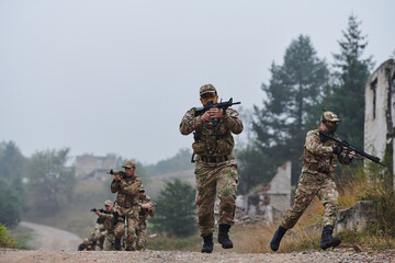 Fototapeta premium A disciplined and specialized military unit, donned in camouflage, strategically patrolling and maintaining control in a high-stakes environment, showcasing their precision, unity, and readiness for