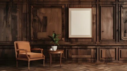 A classic touch Mock up Empty photo frames on a wooden wall, adding an elegant touch to a classic interior. Minimalist living room interior design.