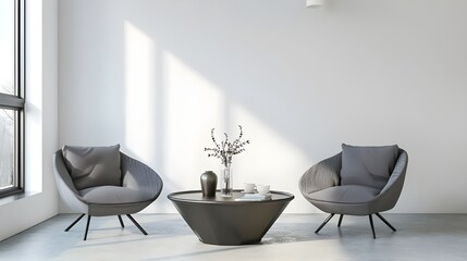 Soft armchair and glass vase with flowers on the coffee table. Empty room in morning light, white background modern minimalist living room interior, scandinavian style, empty wall mockup