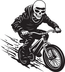 Obraz na płótnie Canvas Spine-Chilling Spin: Skeleton on BMX Cycle Vector Design Grim Grind: Skeleton Performing Stunts on BMX Black Logo