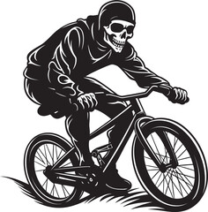 Fototapeta premium Rad Remains: Skeleton Riding BMX Cycle Black Icon Design Ollie Ossuary: Skeleton Freestyle BMX Rider Black Logo