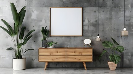 Mock up poster frame on white stucco wall above wooden dresser with home decor. Rustic interior design of modern living room.