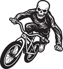 Ollie Ossuary: Skeleton Riding BMX Cycle Black Logo Icon SkeletoBike: Skeleton on BMX Vector Black Logo Design