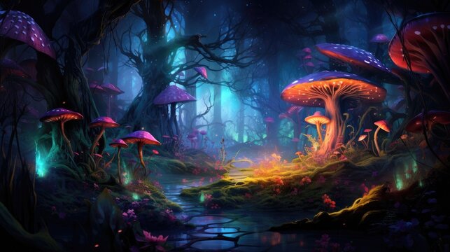 Enchanted forest scenery with luminous mushrooms and river. Fantasy landscape.