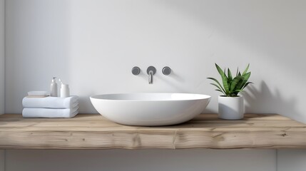 Fototapeta na wymiar Wall-mounted vanity with white ceramic vessel sink. Interior design of modern scandinavian bathroom. 