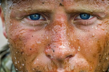 An extreme close up photo of a professional athlete with intense focus in his eyes and sweat pouring down his face. 