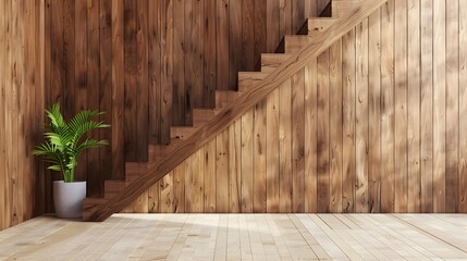 Wooden staircase and lining paneling wall in minimalist style hallway. Interior design of modern rustic entrance hall with door in farmhouse.