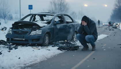 A shaken person involved in a car accident sits at the scene of the accident and is distraught