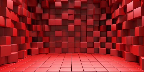 A red room with red blocks on the walls and floor - stock background.