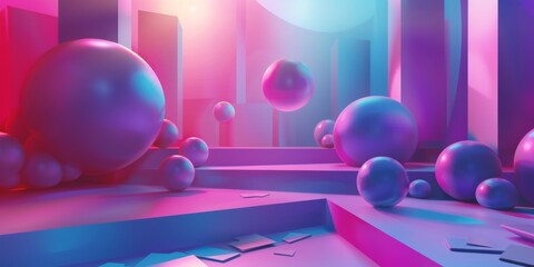 A room full of colorful spheres, some of which are floating in the air - stock background.