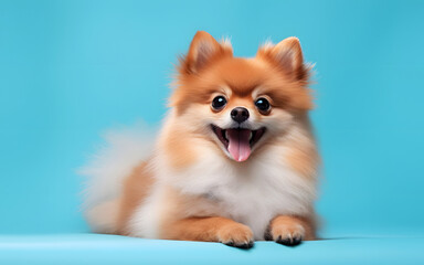 Fototapeta na wymiar A cute Pomeranian dog with shiny, fluffy fur sits against a vibrant blue background, looking happy with its tongue out