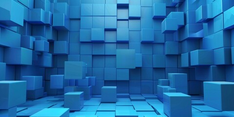 A blue room with blue cubes on the wall - stock background.