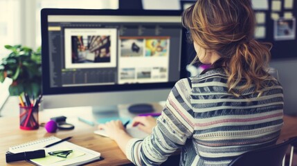 Businesswoman in casual clothes working on computer screen, rear view