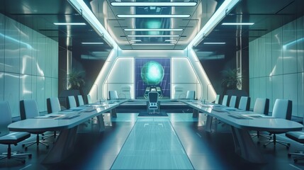 Modern conference room, command room with futuristic technology