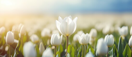 A beautiful field of white tulips with the sun peeking through the petals, creating a stunning natural landscape in the grassy meadow - obrazy, fototapety, plakaty