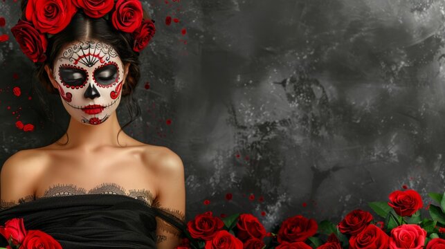 Day of the dead skeleton face painting background with ample space for text placement