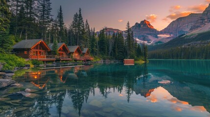 Fototapeta premium Guest cabins reflect in the tranquil waters of lake at sunset.