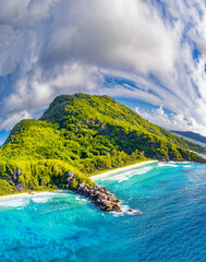Seychelles, Africa. Panoramic aerial view of La Digue Island on a sunny day - 756801525