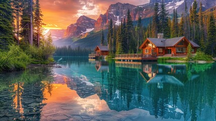 Obraz premium Guest cabins reflect in the tranquil waters of lake at sunset.