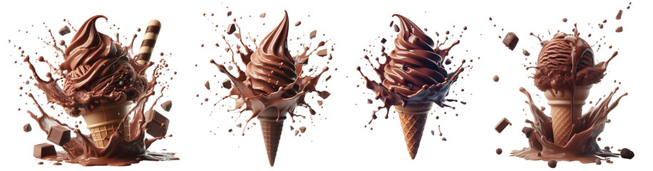 chocolate ice cream cone isolated png with splash - obrazy, fototapety, plakaty