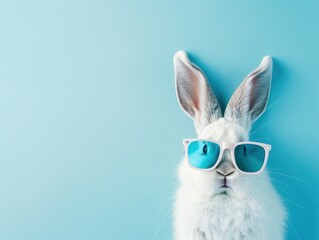 Adorable cool bunny wear glasses on soft blue background