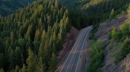 Aerial view of the road in the middle of the forest
