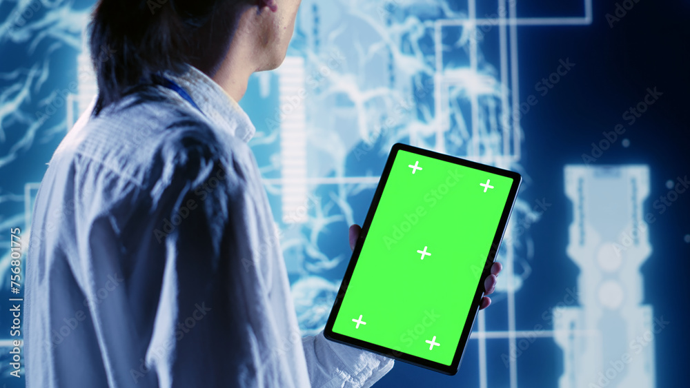 Poster skillful it consultant using green screen tablet to implement artificial intelligence parallel proce