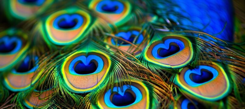 Detailed close up of vibrant peacock feathers forming a stunning background image
