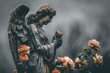 Obraz premium Weathered angel statue holding a rose among colorful flowers on a rainy day, epitomizing sorrow and remembrance, Concept of memory, loss, and mourning 