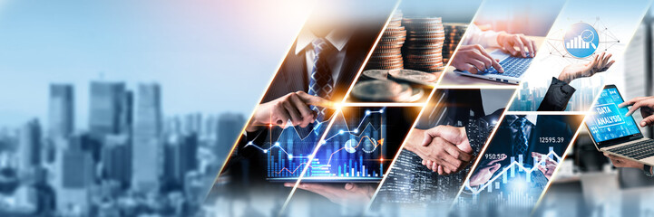 Futuristic business digital financial data technology concept for future big data analytic and business intelligence research for businessman analyst invest decisions making panoramic banner kudos