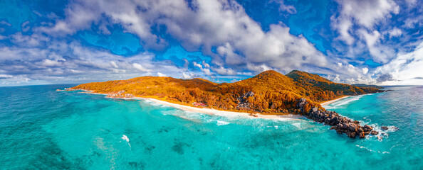 La Digue Island under a Blue Sky, Seychelles Aerial View - 756801986